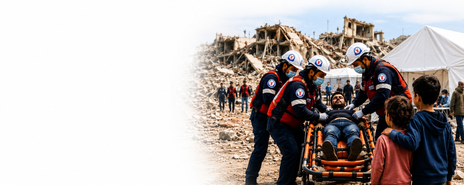 Humanitarian emergency response team helping an injured person